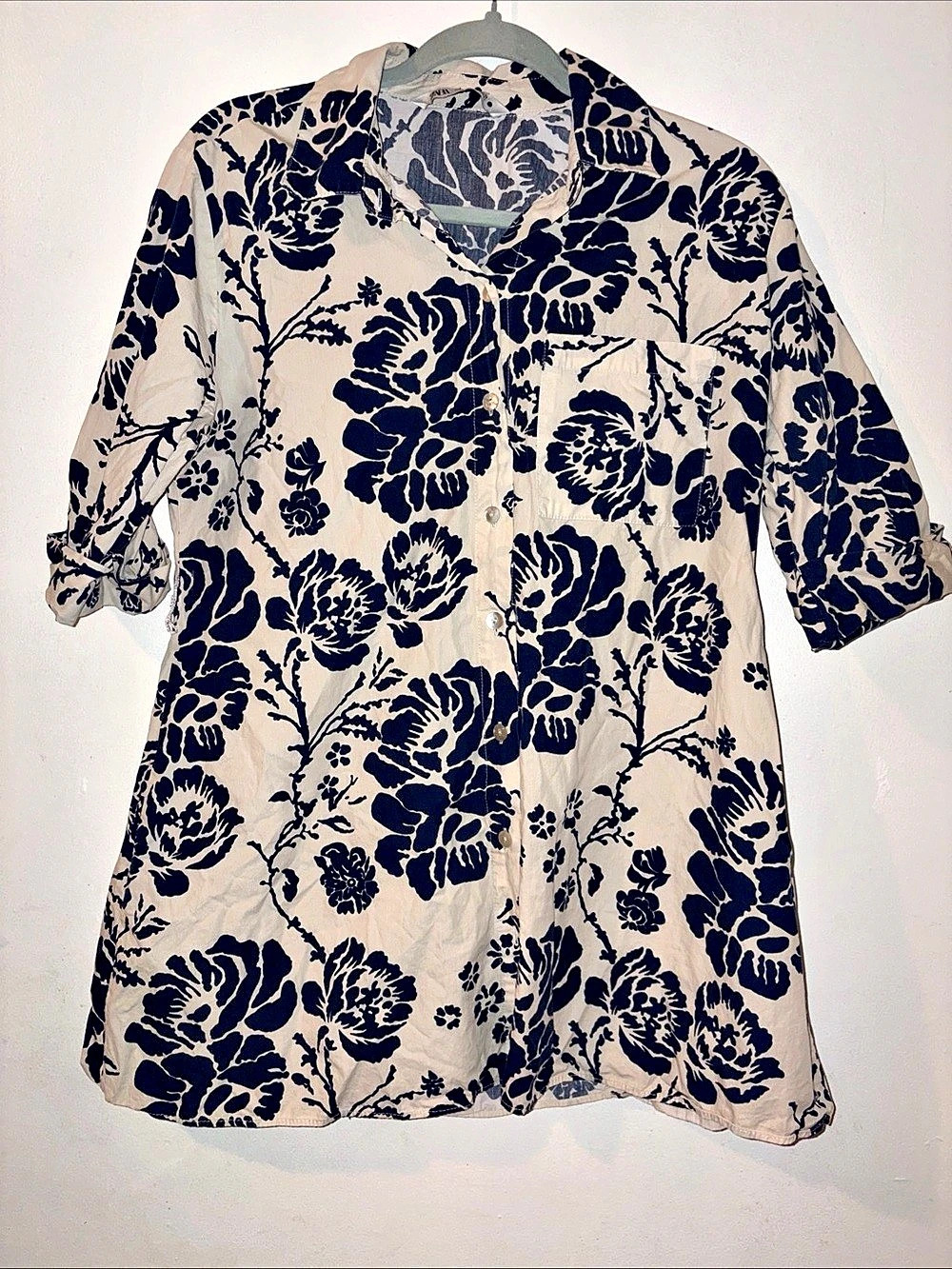 Zara Floral Button Down Shirt in Blue & Cream